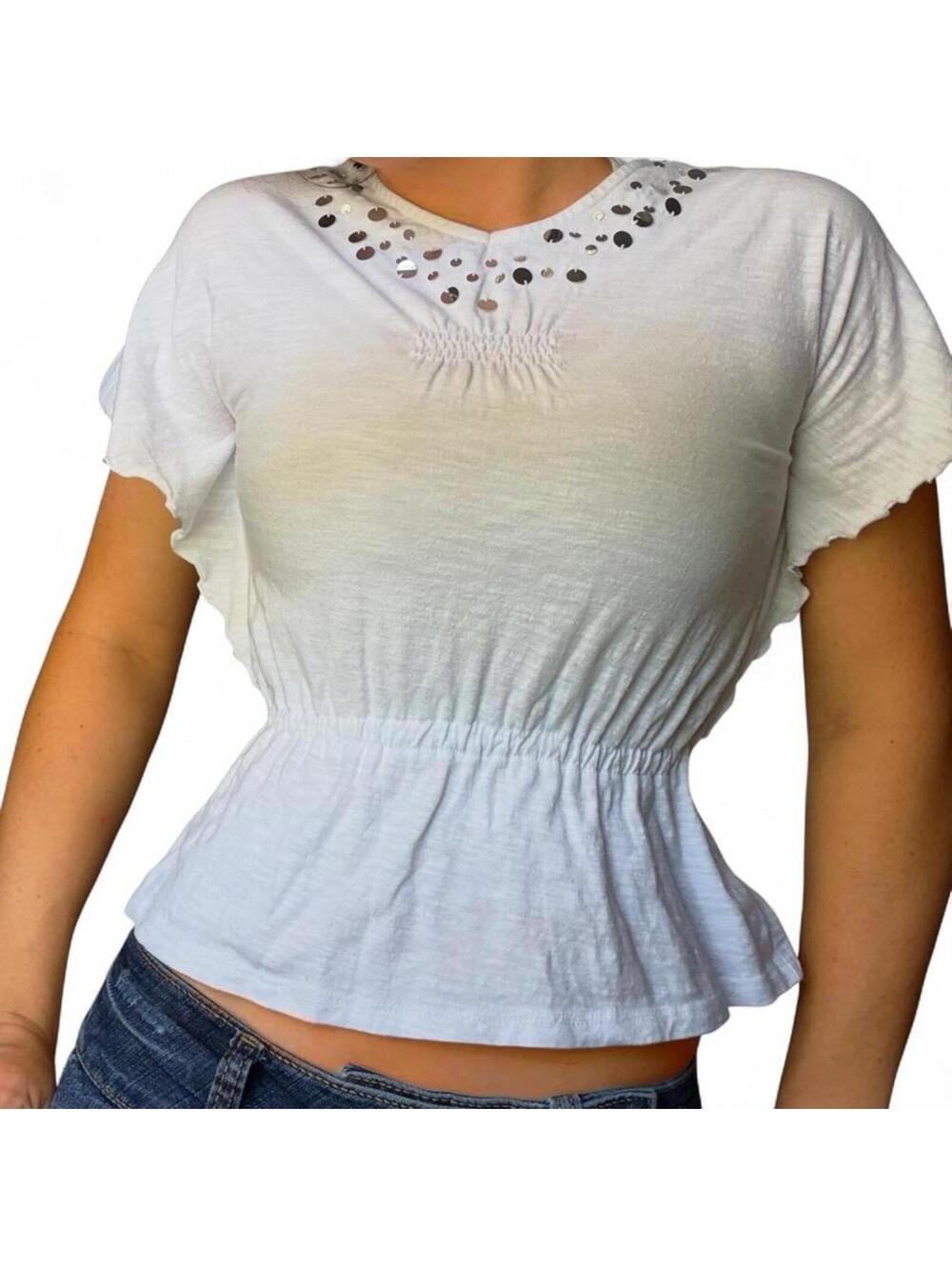 2000s white sequin top with a flowy fit